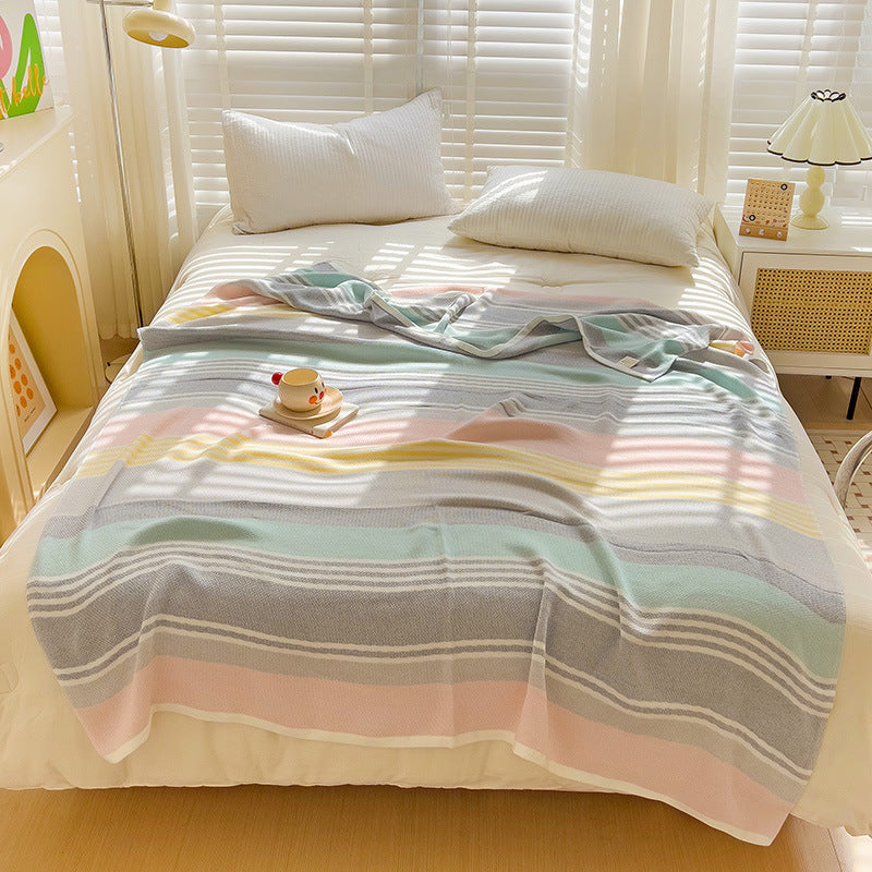 150x200cm Multi-layer Yarn Jacquard Mesh Towel Quilt Summer Thin Quilt Blanket- Colorful Stripe / Pink 150x200cm Multi-layer Yarn Jacquard Mesh Towel Quilt Summer Thin Quilt Blanket- Colorful Stripe / Pink